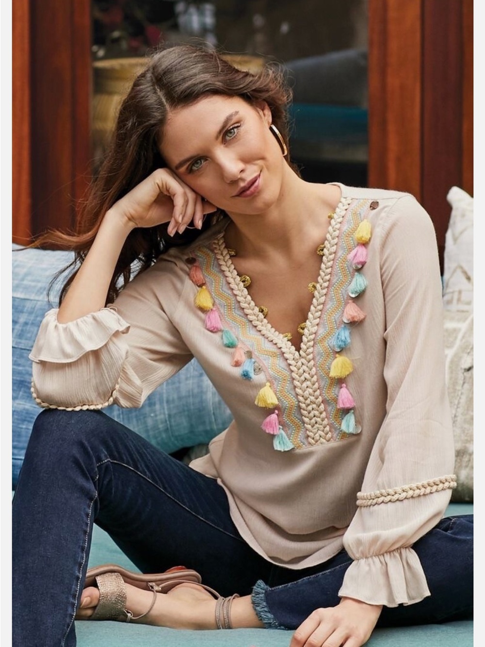 Soft Surroundings Cream Boho Tassel V-Neck Tunic-Medium